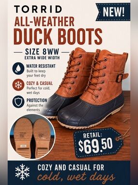 NEW Women’s Torrid All-weather Duck Boots—Water Resistant—Size 8WW